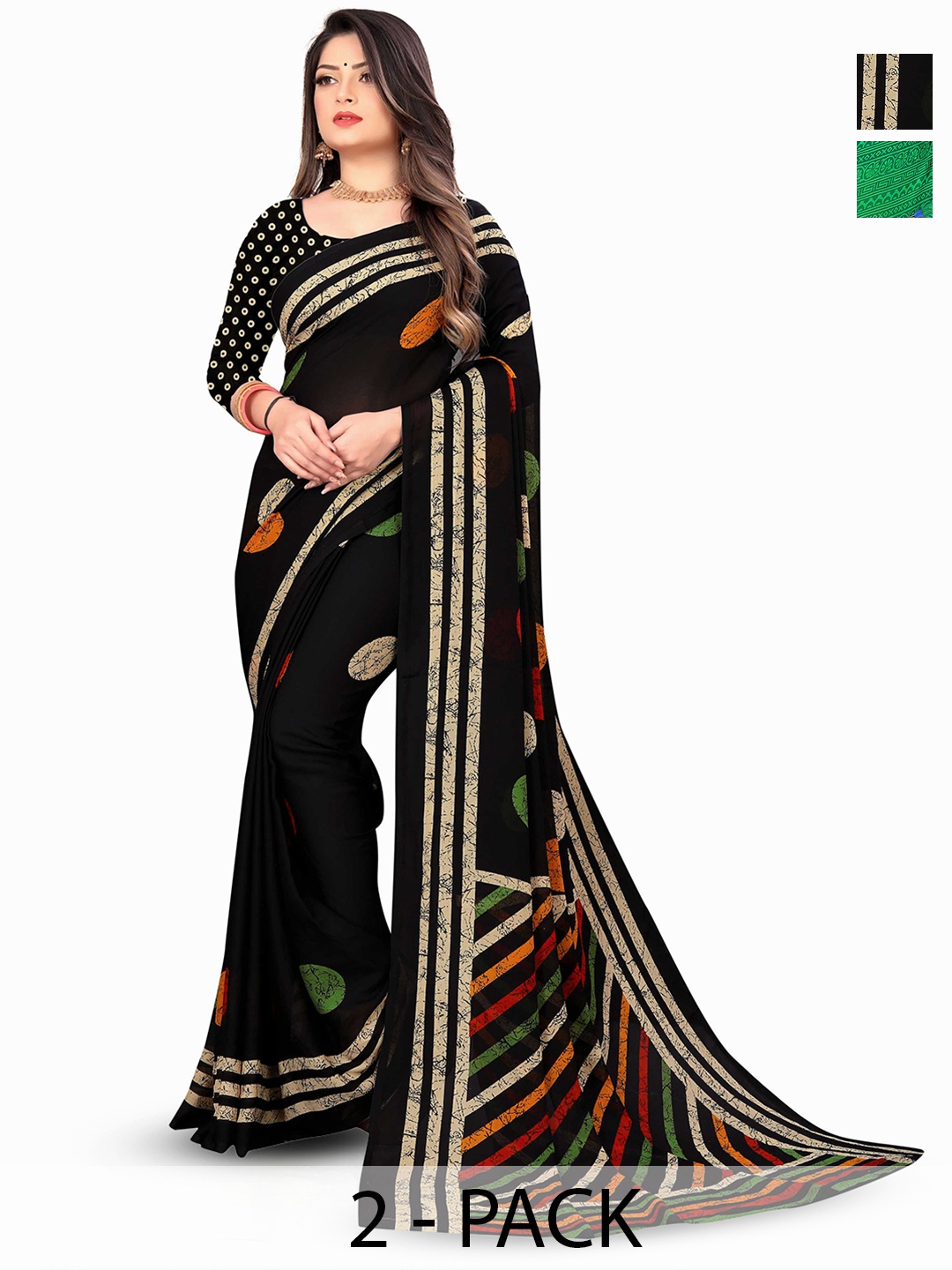 

ANAND SAREES Pack of 2 Ethnic Motifs Poly Georgette Saree, Green