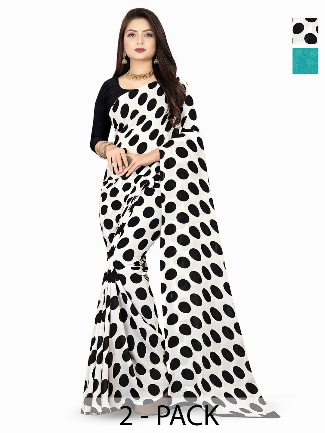 

ANAND SAREES Combo Pack of 2 Polka Dot Poly Georgette Saree, White