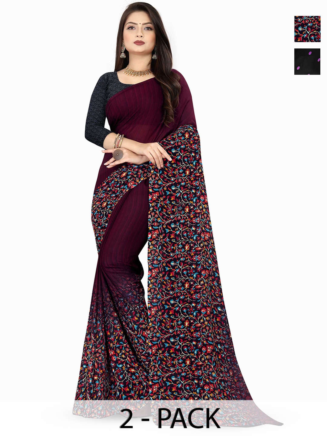 

ANAND SAREES Selection Of 2 Floral Printed Sarees, Purple