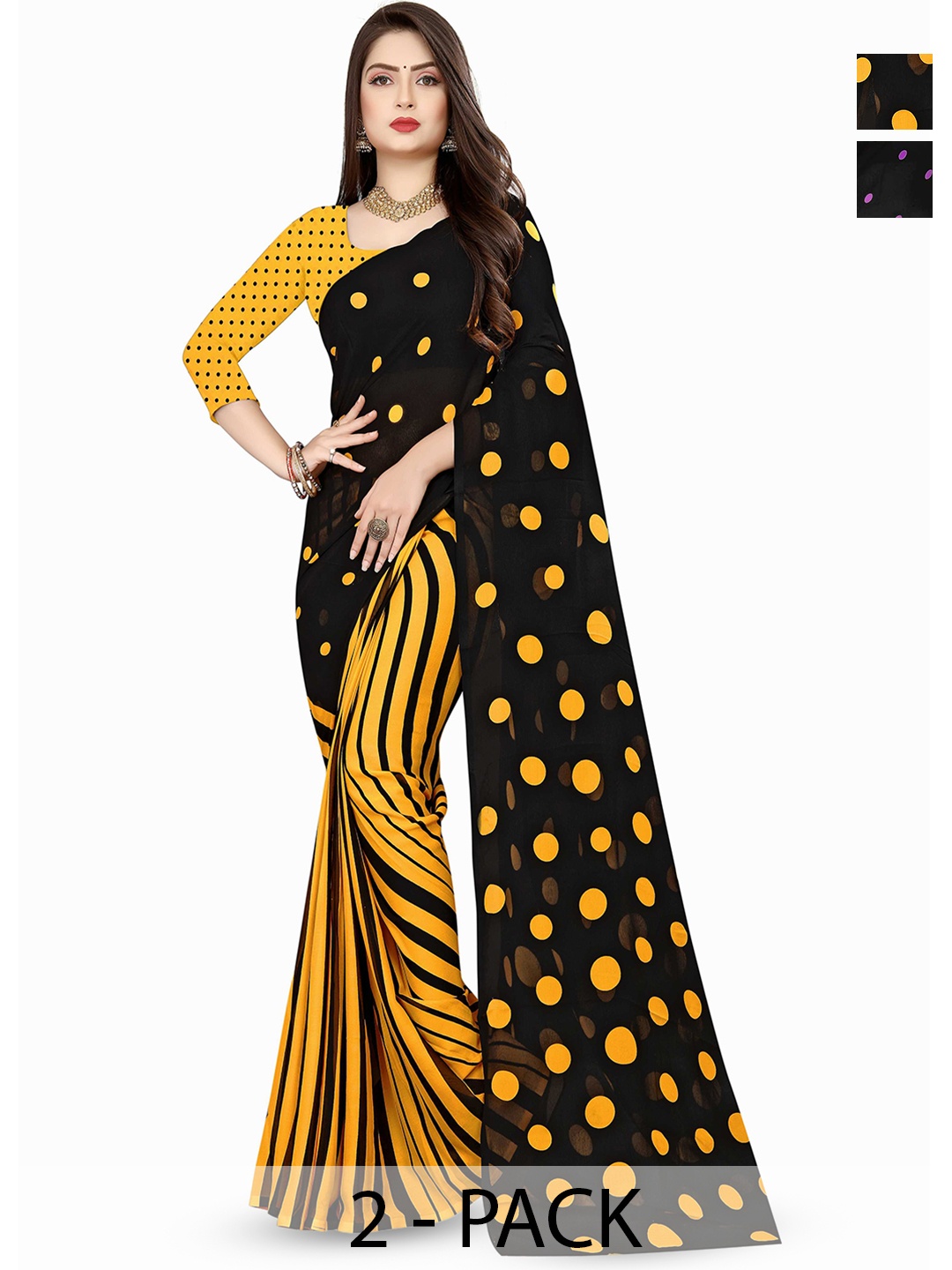 

ANAND SAREES Selection Of 2 Polka Dots Printed Sarees, Black