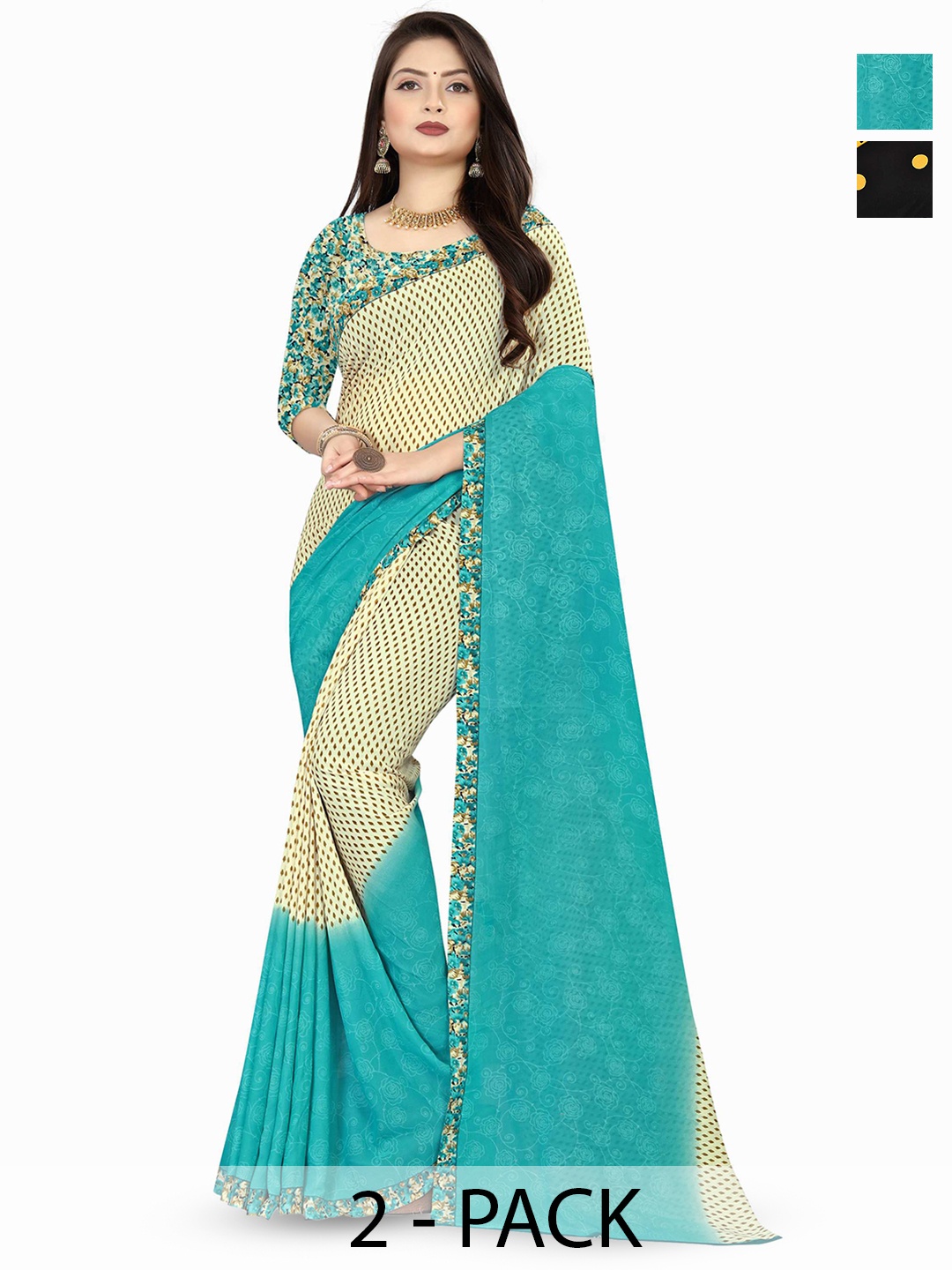 

ANAND SAREES Selection of 2 Ethnic Motifs Printed Sarees, Sea green