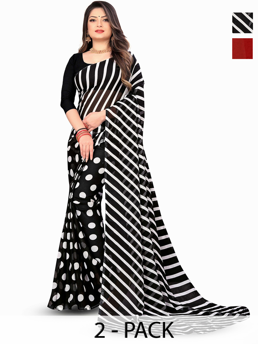 

ANAND SAREES Selection Of 2 Printed Sarees, Black