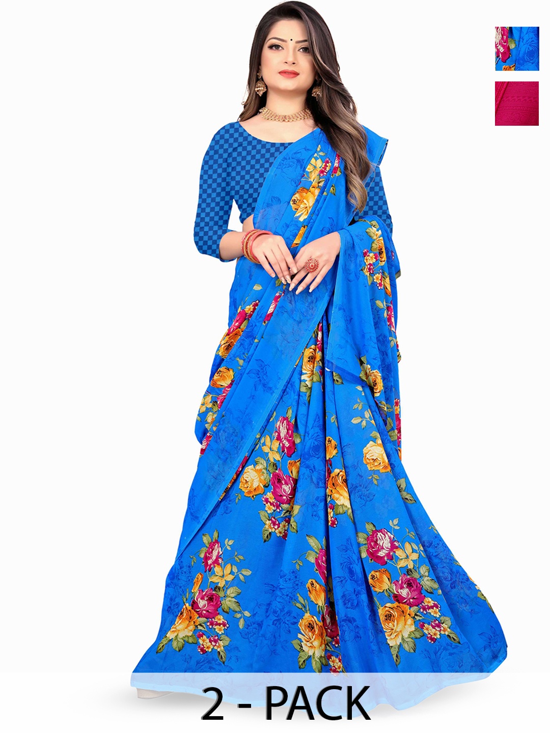 

ANAND SAREES Selection Of 2 Floral Printed Sarees, Blue