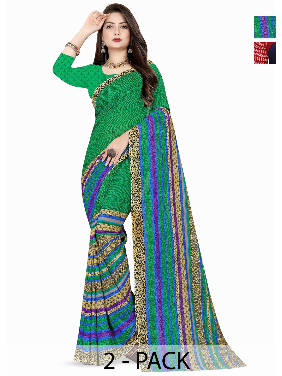 

ANAND SAREES Selection Of 2 Floral Printed Sarees, Green