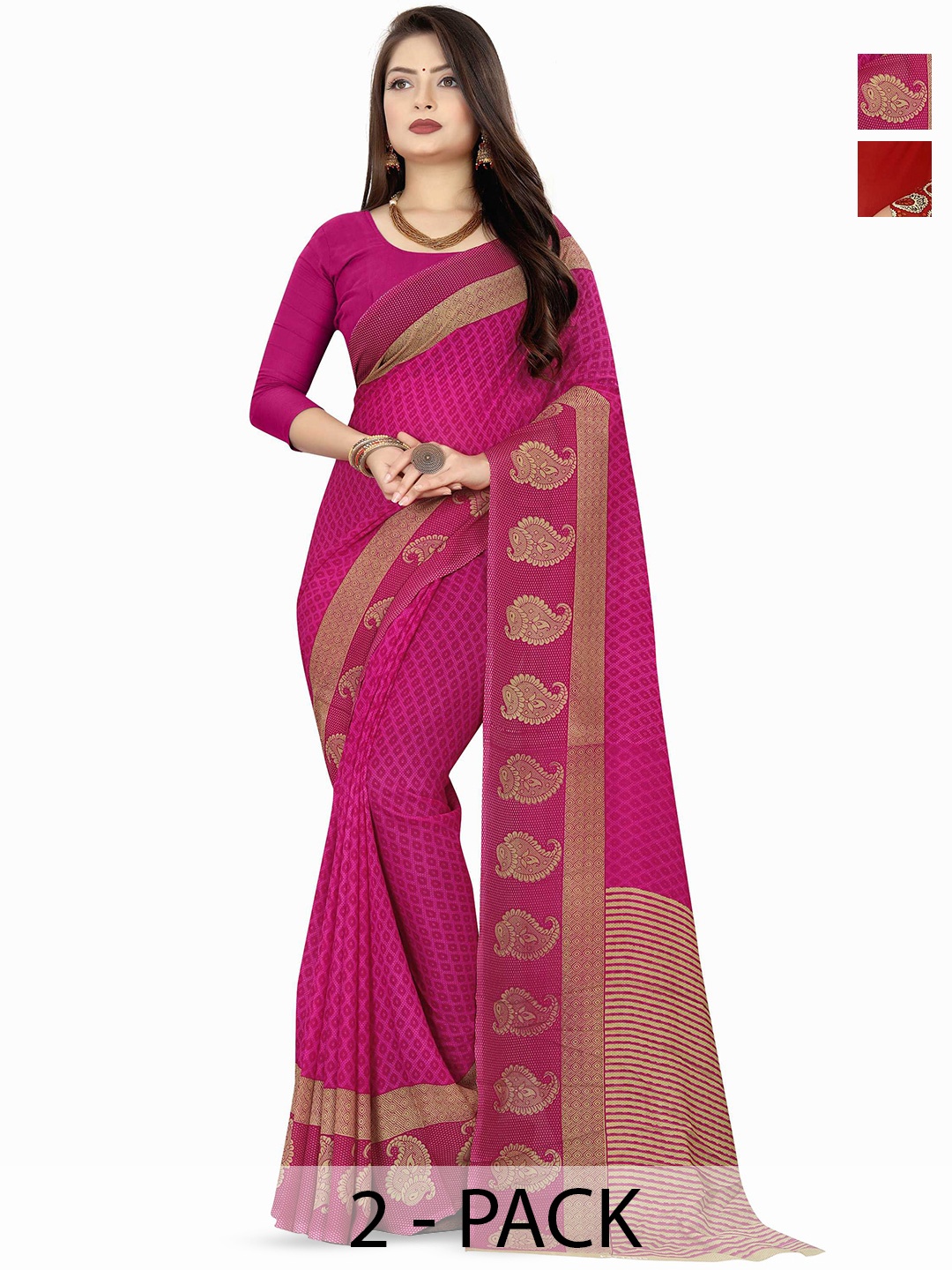 

ANAND SAREES Selection Of 2 Geometric Printed Sarees, Red