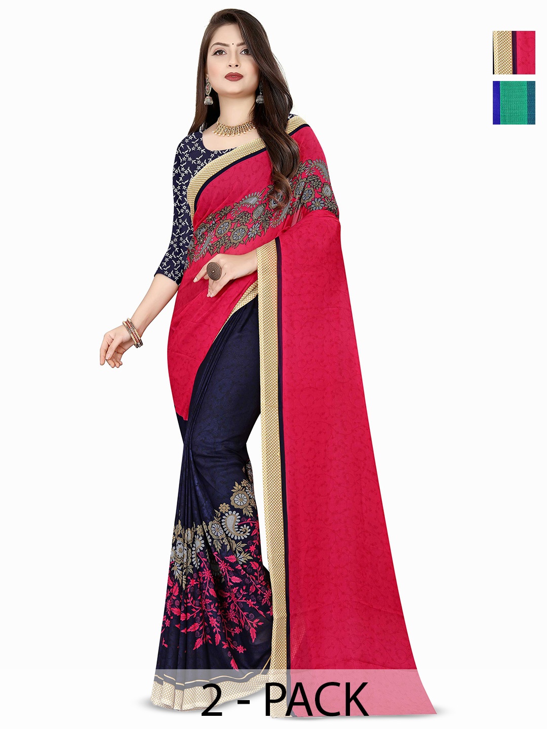 

ANAND SAREES Selection Of 2 Ethnic Motifs Printed Saree, Blue