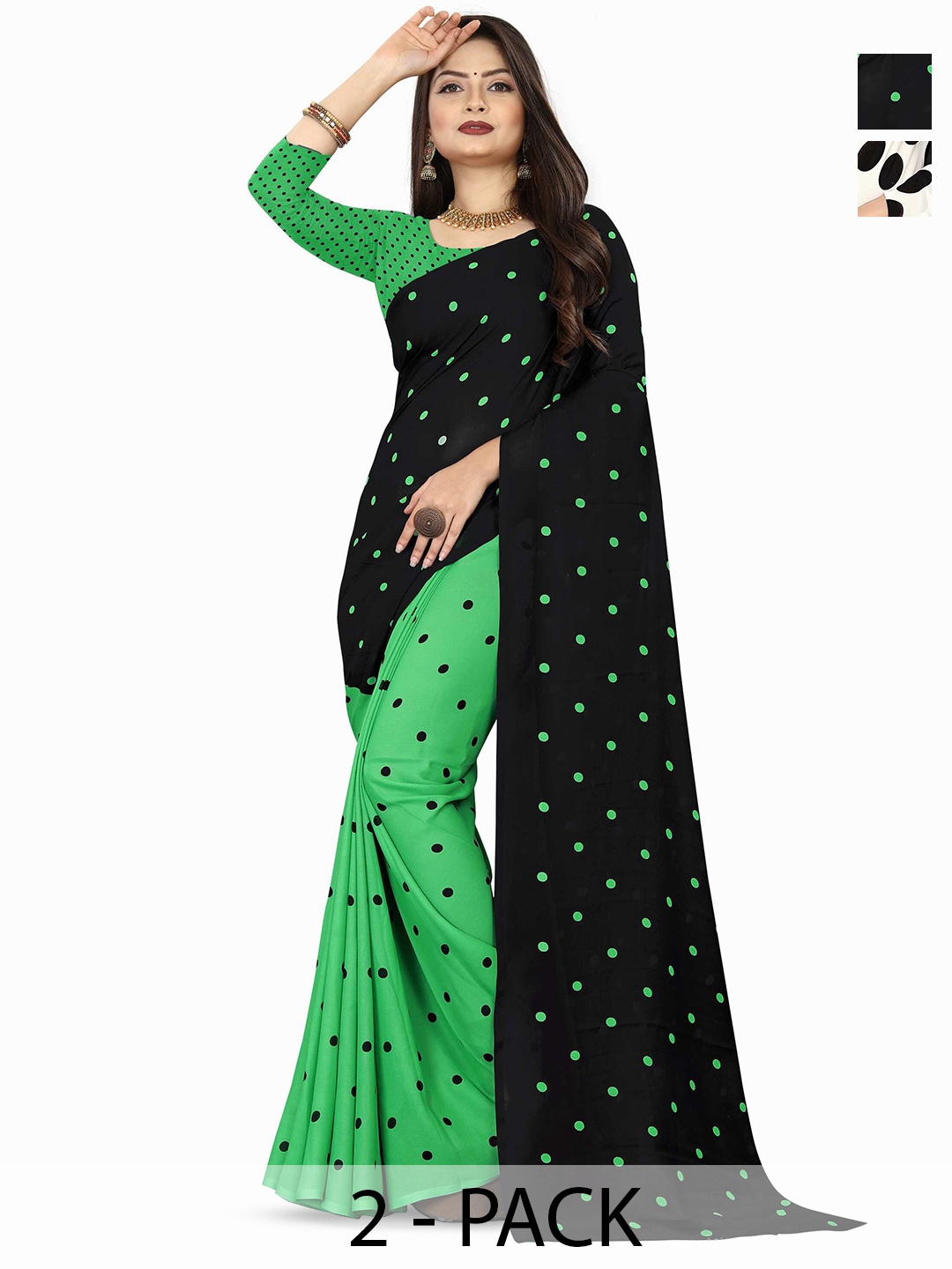 

ANAND SAREES Selection of 2 Polka Dots Printed Sarees, Green