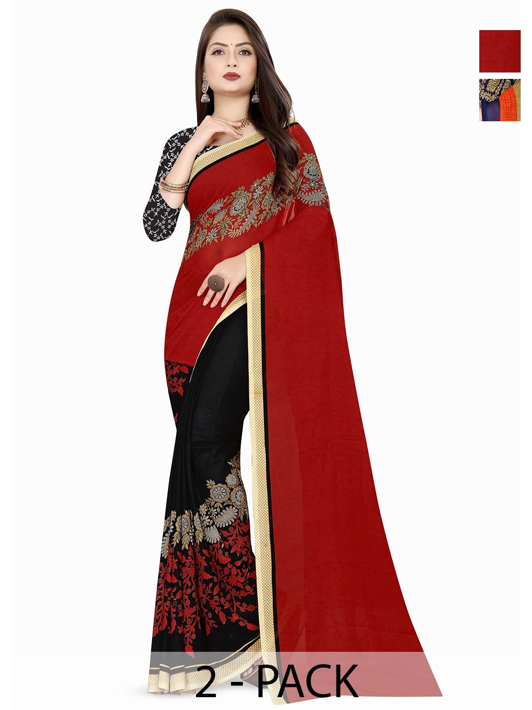 

ANAND SAREES Combo Pack of 2 Ethnic Motifs Poly Georgette Saree, Red