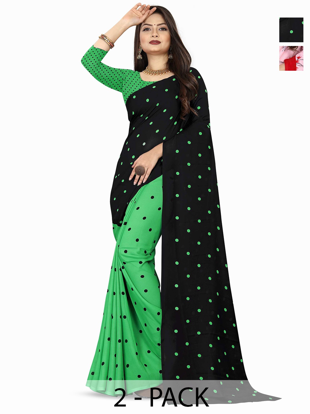 

ANAND SAREES Selection Of 2 Floral Printed Saree, Green