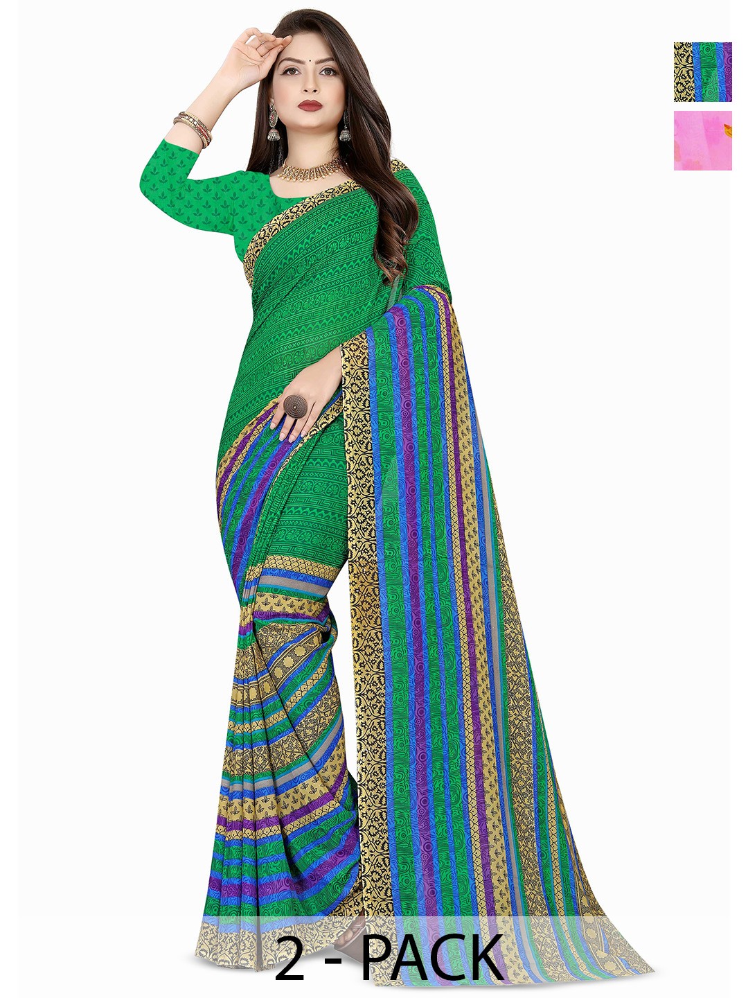 

ANAND SAREES Pack of 2 Floral Poly Georgette Saree, Pink