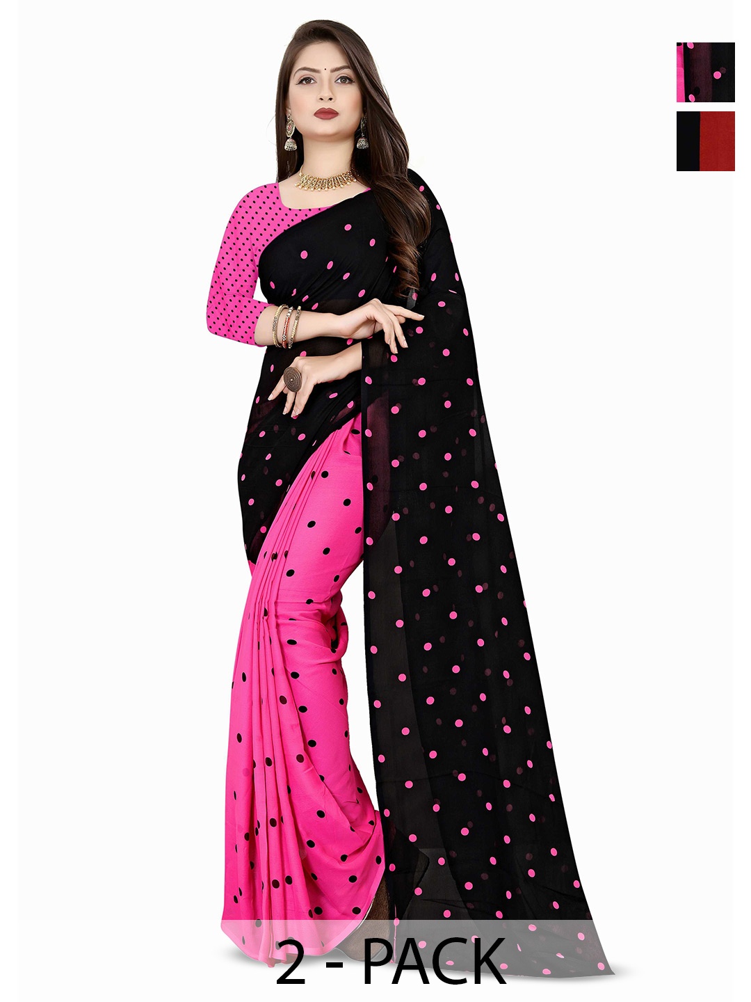 

ANAND SAREES Pack of-2 Polka Dot Saree, Black