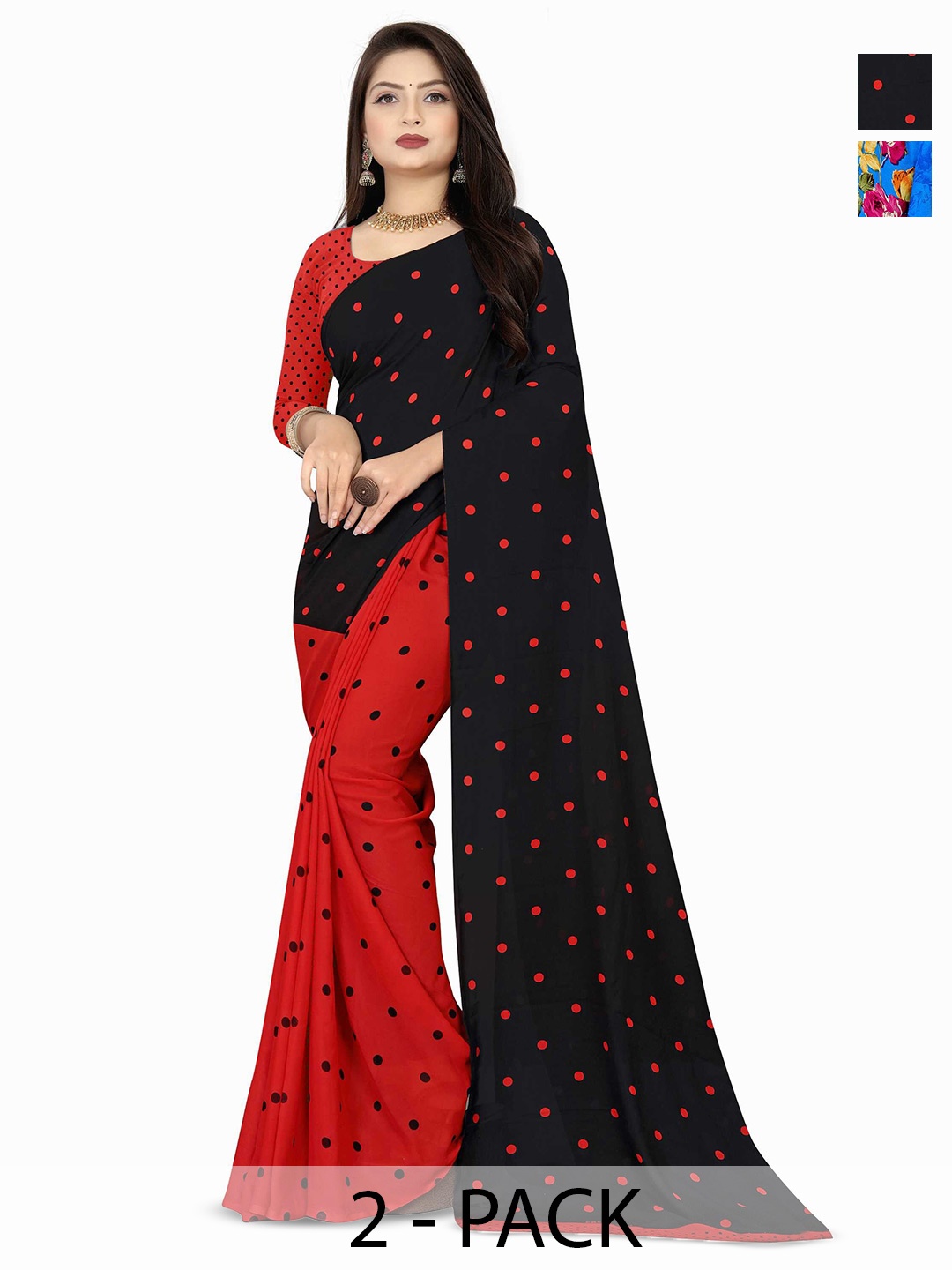 

ANAND SAREES Polka Dot Poly Georgette Half and Half Saree, Black