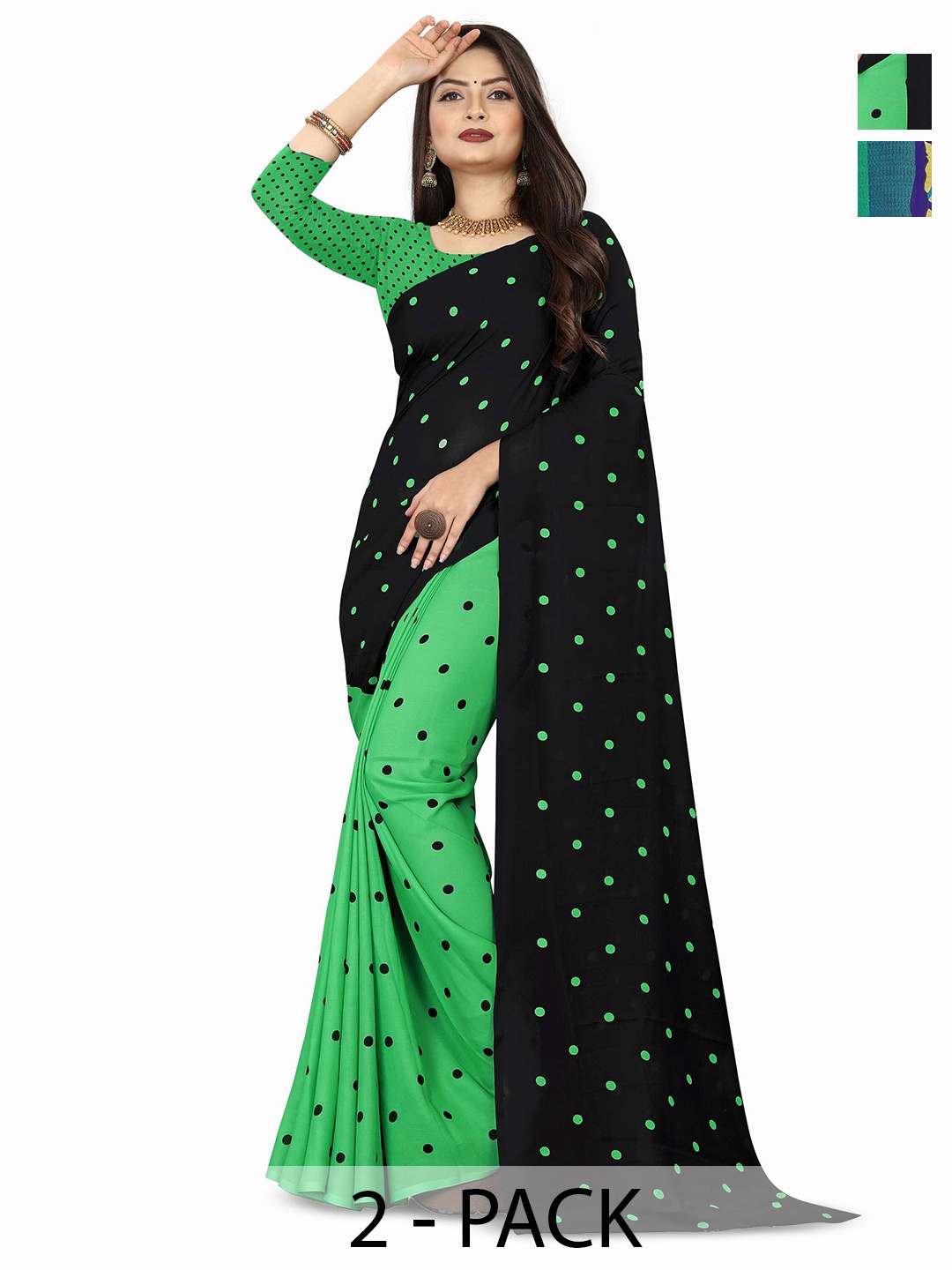 

ANAND SAREES Selection Of 2 Polka Dots Printed Sarees, Green