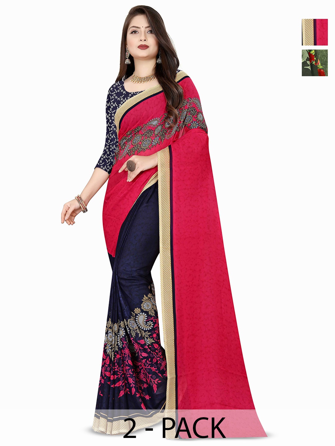 

ANAND SAREES Selection Of 2 Floral Printed Saree, Green