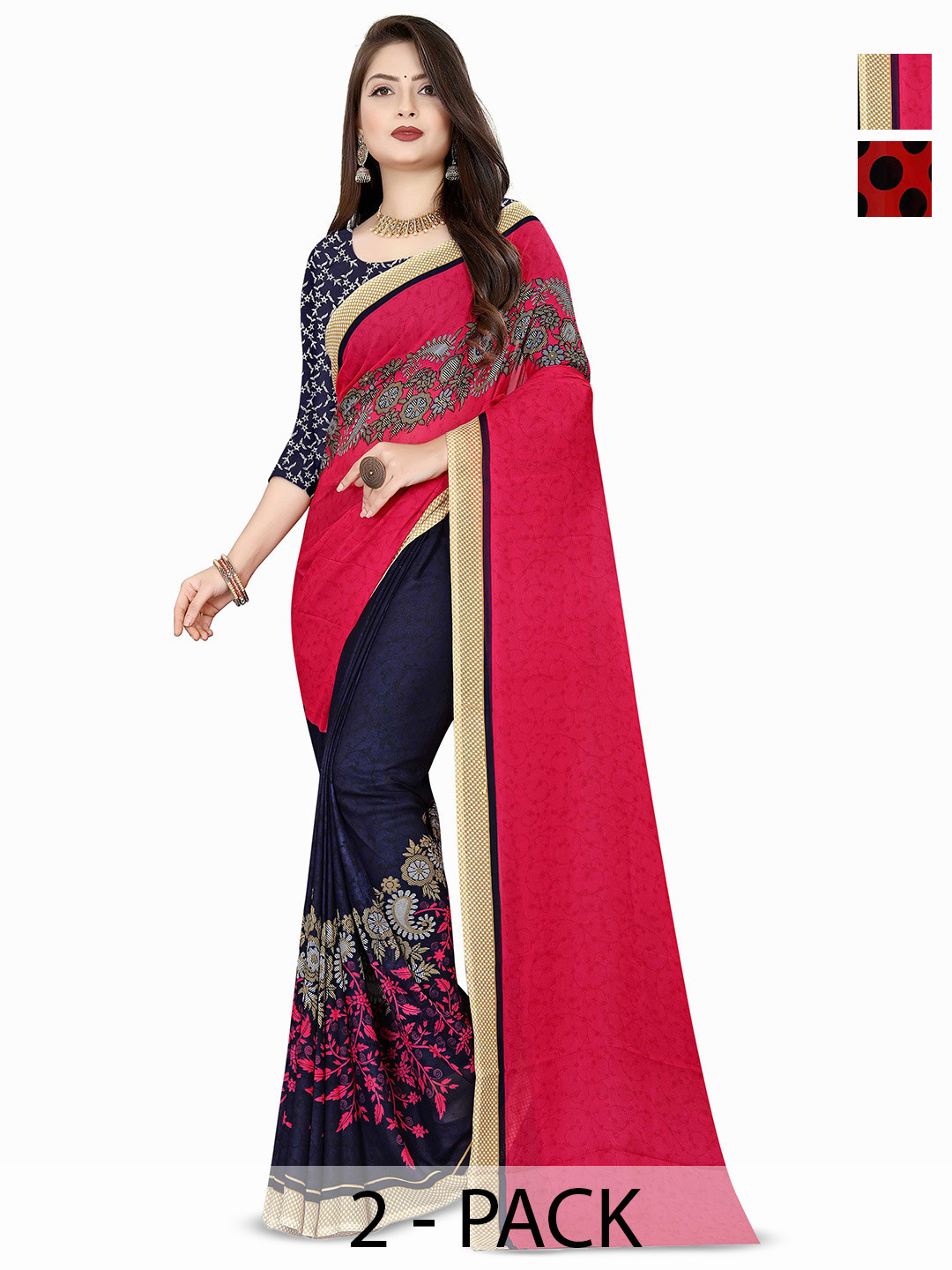 

ANAND SAREES Pack Of 2 Polka Dot Poly Georgette Saree, Navy blue