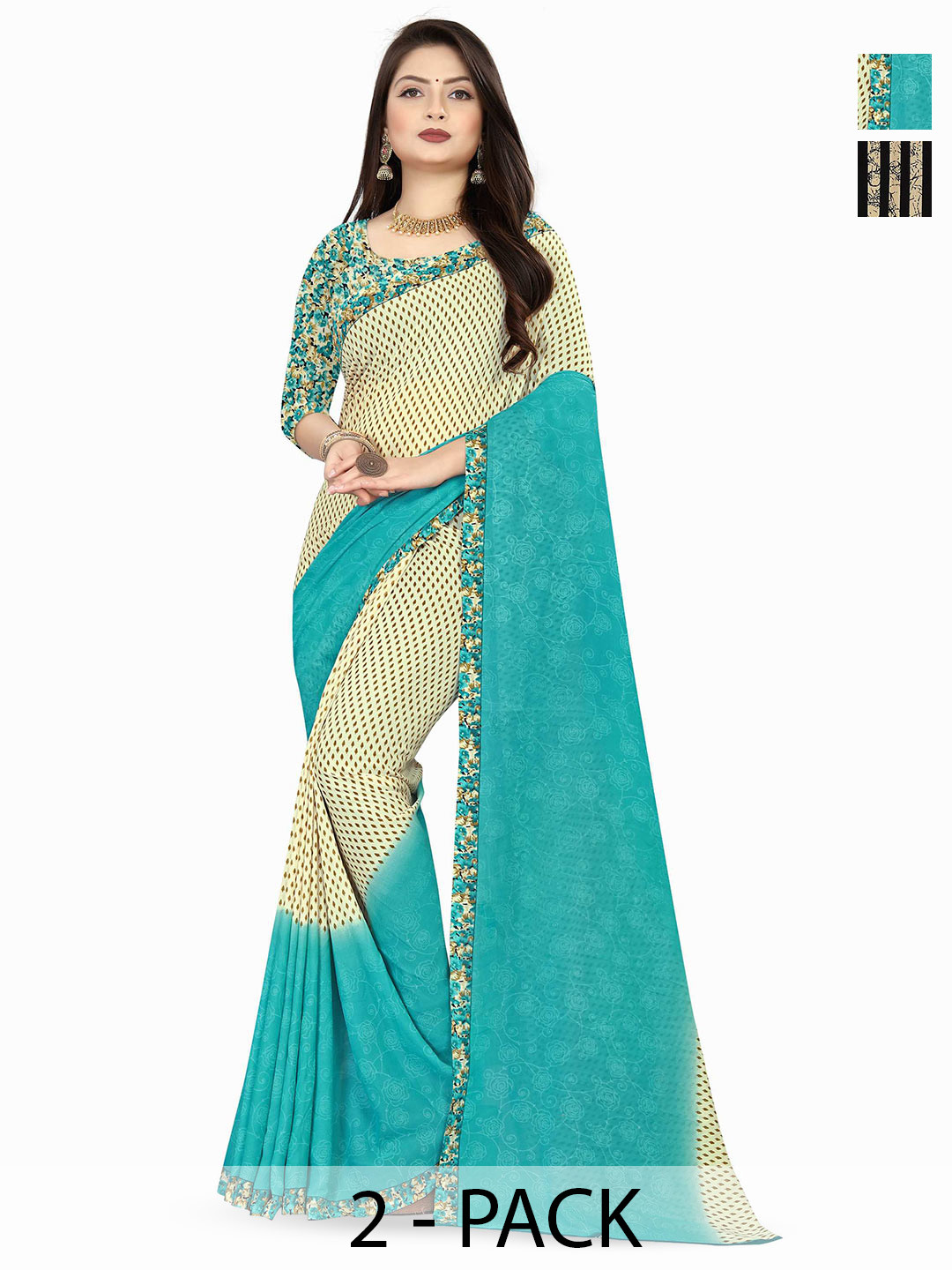 

ANAND SAREES Selection of 2 Floral Printed Saree, Blue