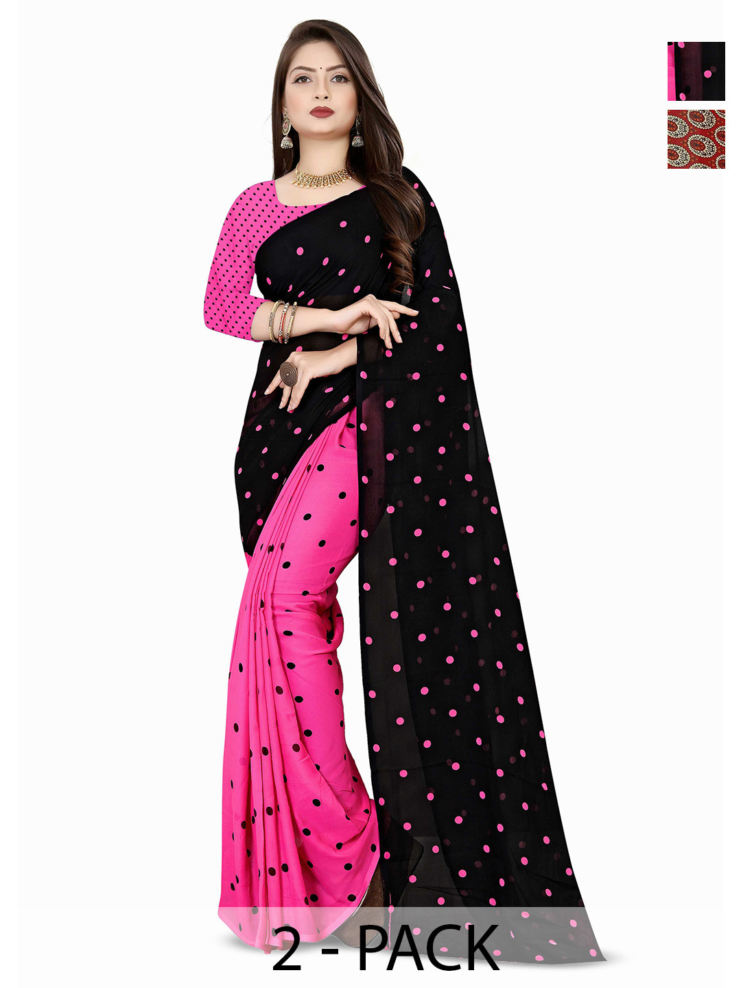 

ANAND SAREES Pack of 2 Polka Dot Poly Georgette Saree, Pink
