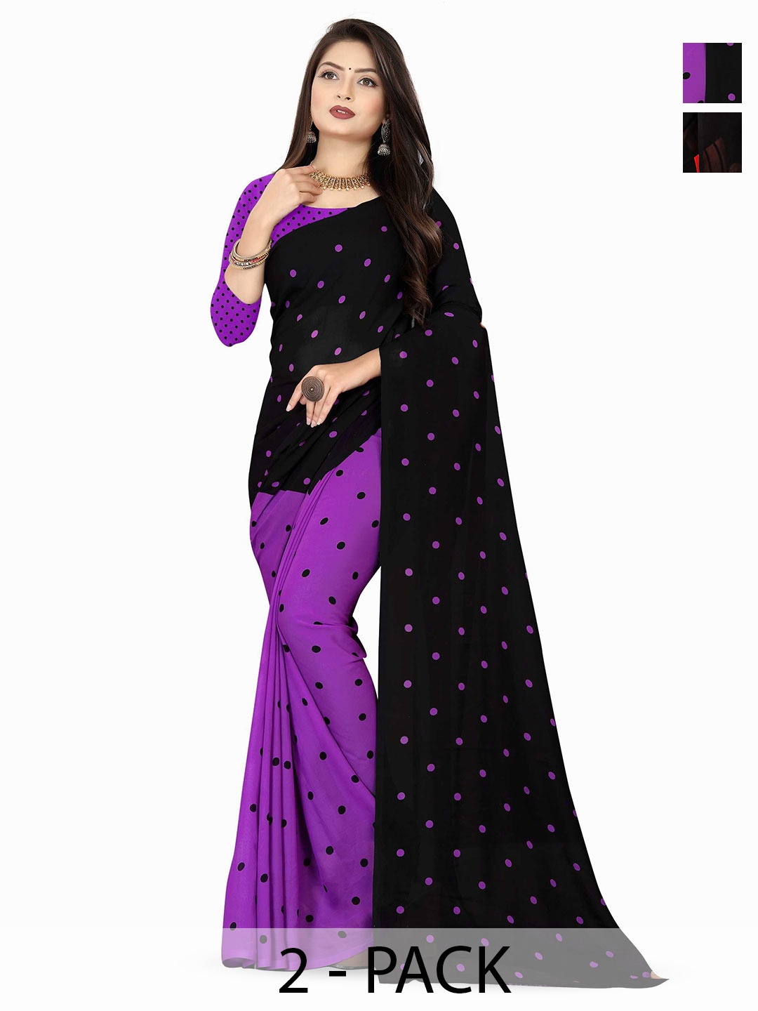 

ANAND SAREES Selection Of 2 Polka Dots Printed Sarees, Black