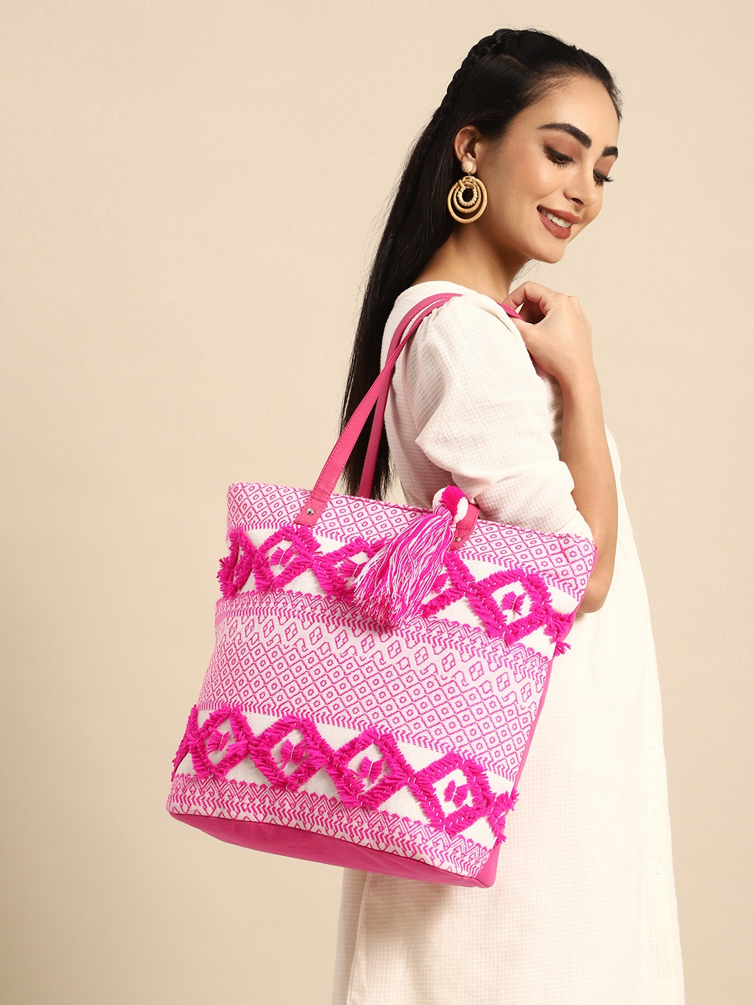 Sangria Geometric Embroidered Oversized Shopper Tote Bag, Pink