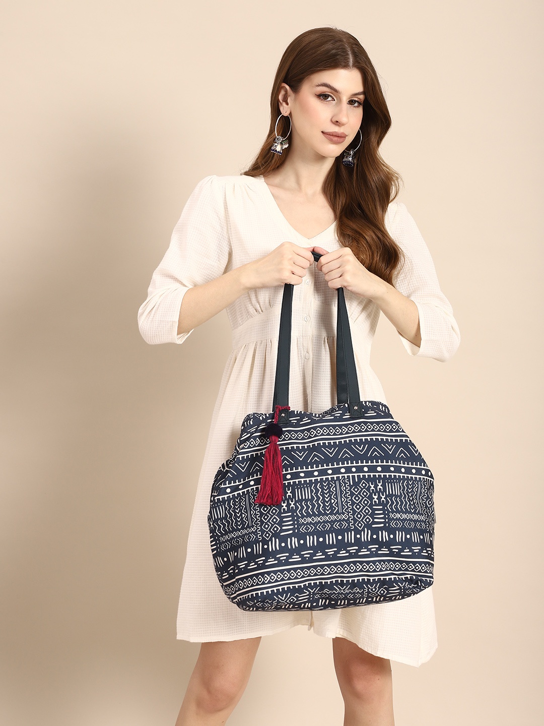 

Sangria Geometric Printed Oversized Structured Tote Bag with Tasselled, Navy blue