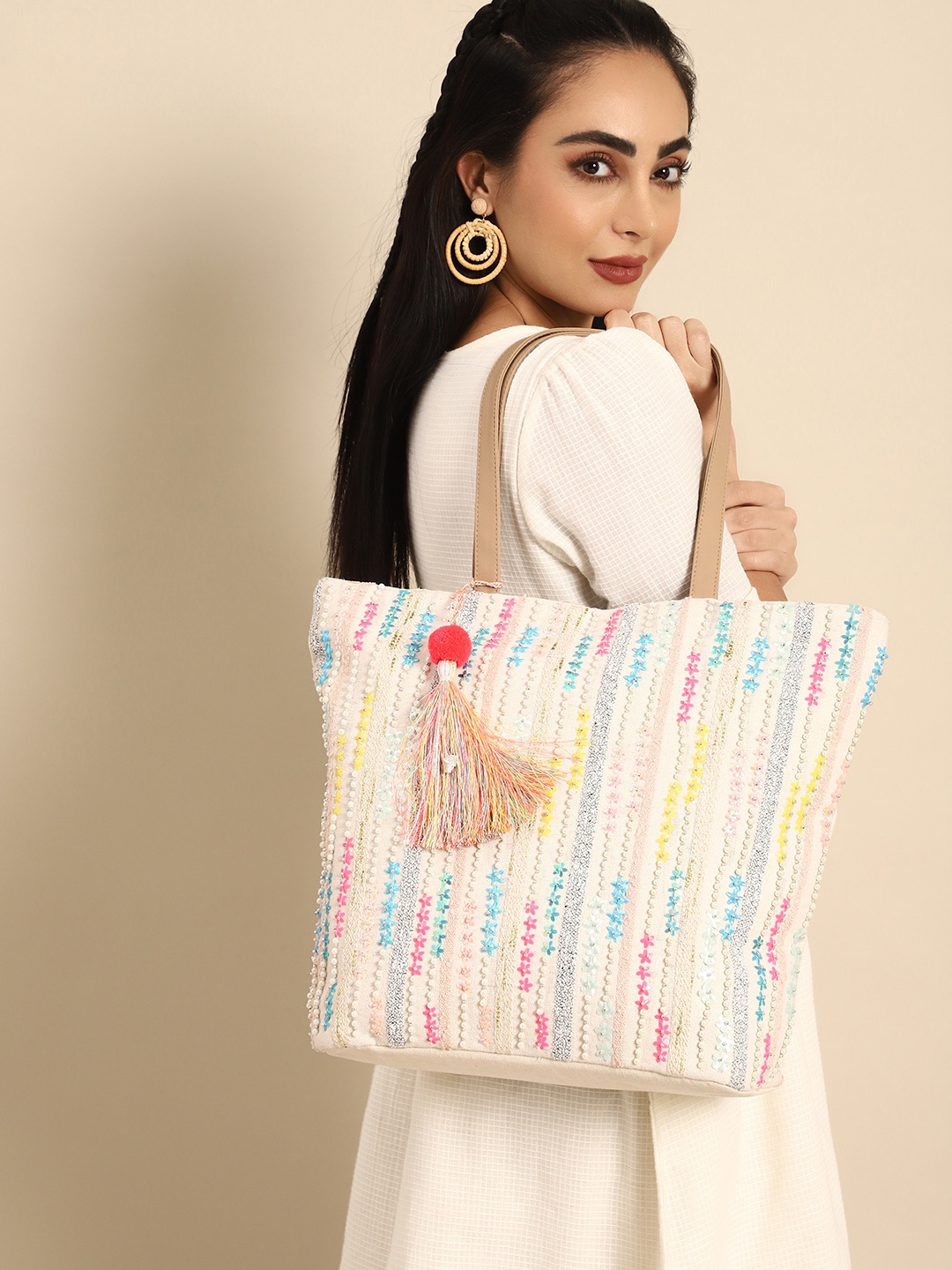 

Sangria Embellished Oversized Shopper Tote Bag with Tasselled Detail, Beige