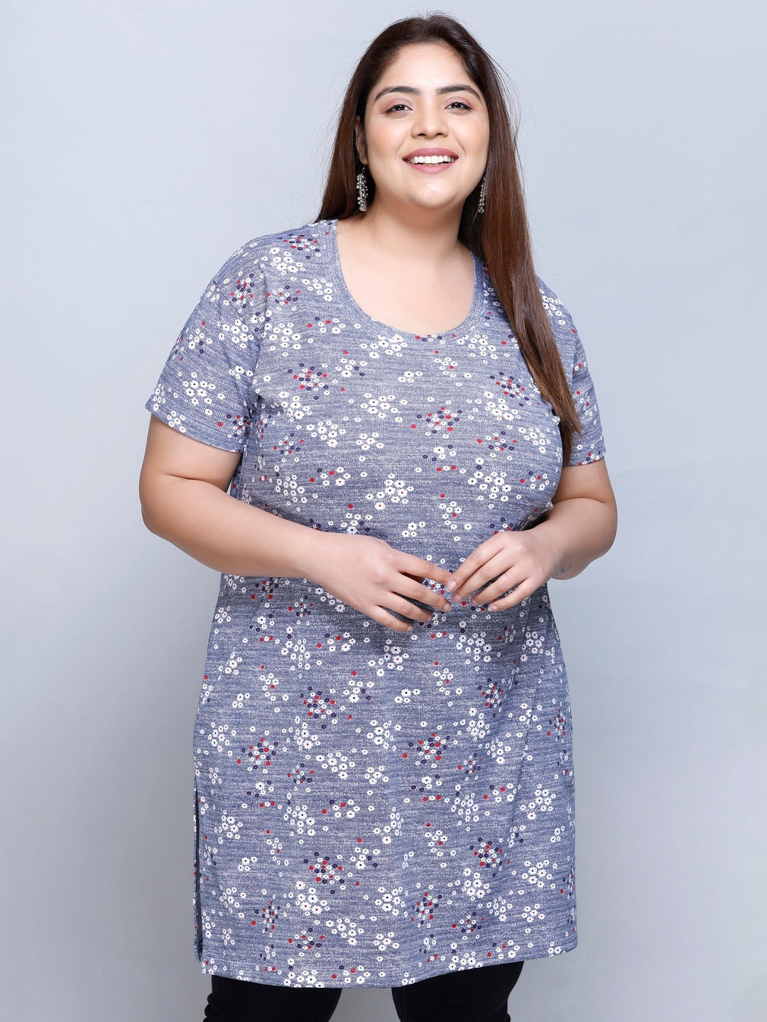 

IN Love Plus Size Floral Printed Pure Cotton Relaxed Fit Longline Tshirt, Blue