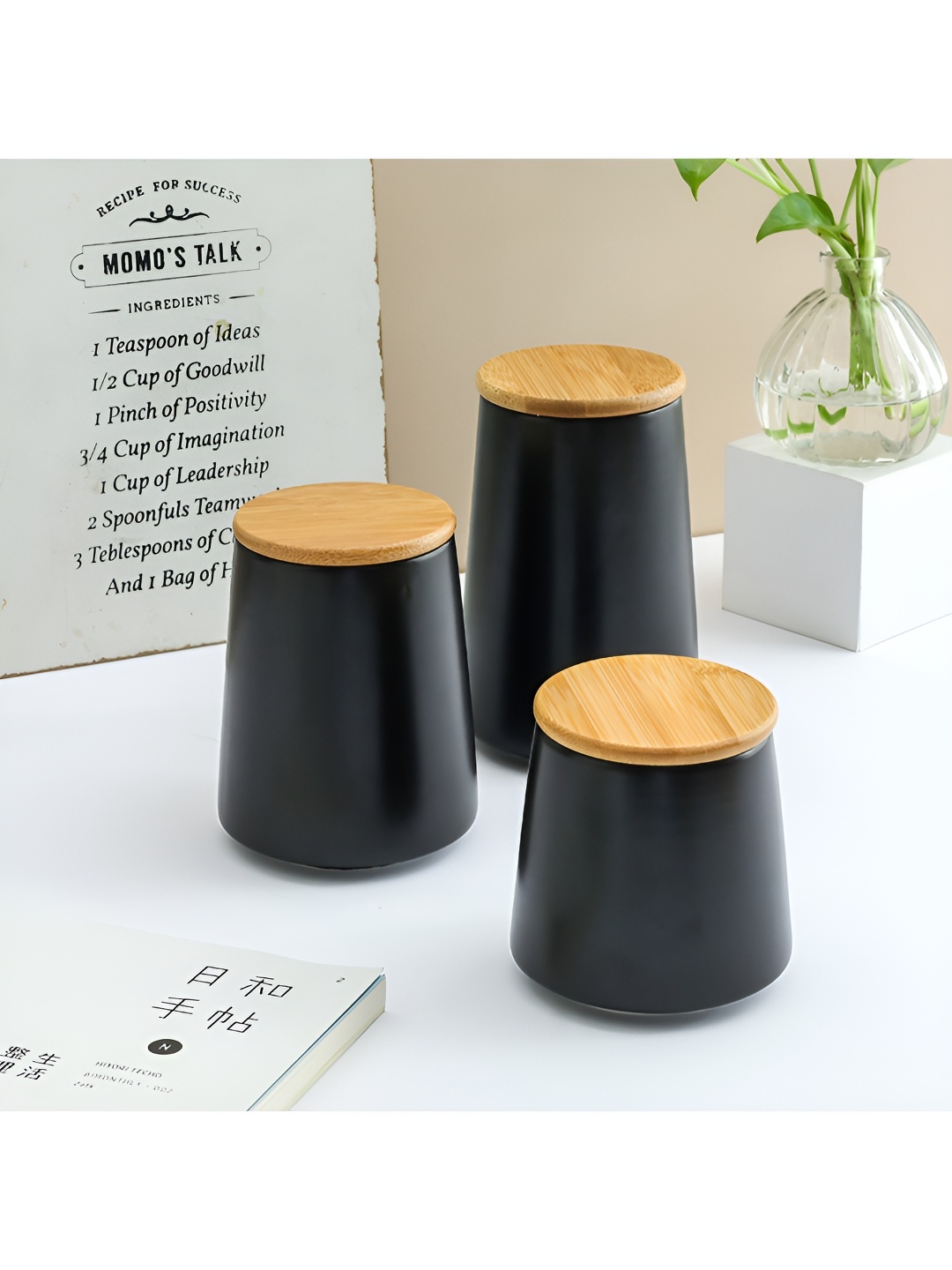 

Aura Black 3 Pieces Ceramic jar with Lid