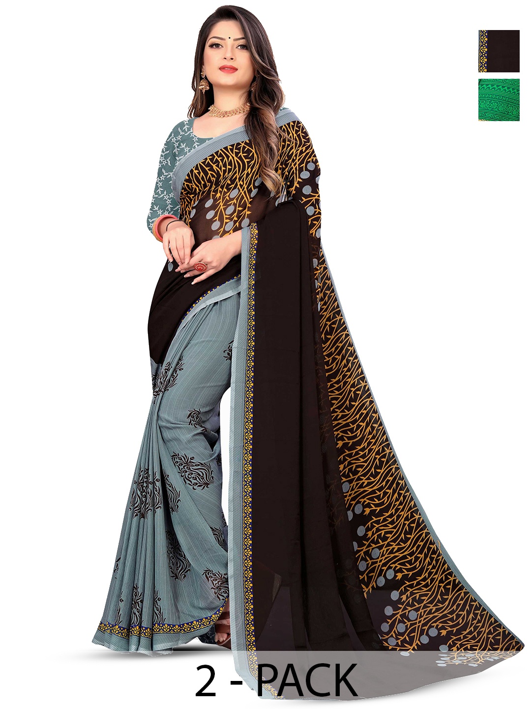 

ANAND SAREES Pack of-2 Ethnic Motifs Saree, Green