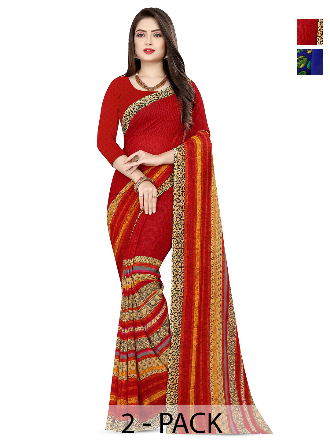 

ANAND SAREES Pack of 2 Ethnic Motifs Printed Sarees, Red