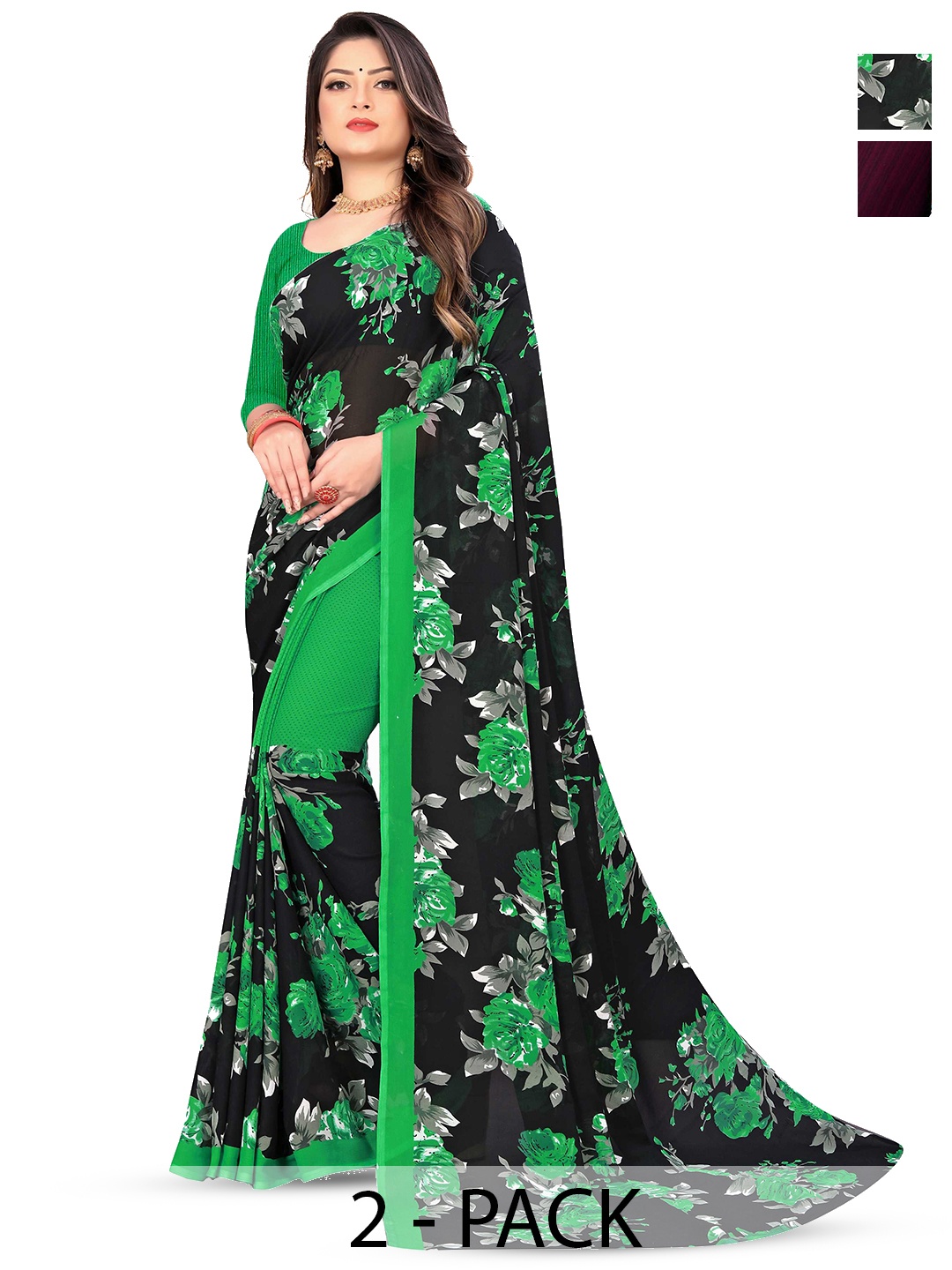 

ANAND SAREES Pack of-2 Floral Saree, Green