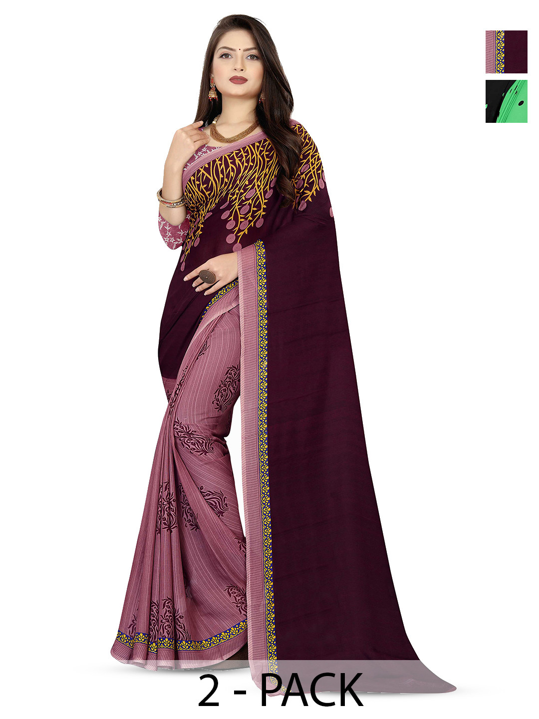 

ANAND SAREES Combo Pack of 2 Polka Dot Poly Georgette Saree, Green