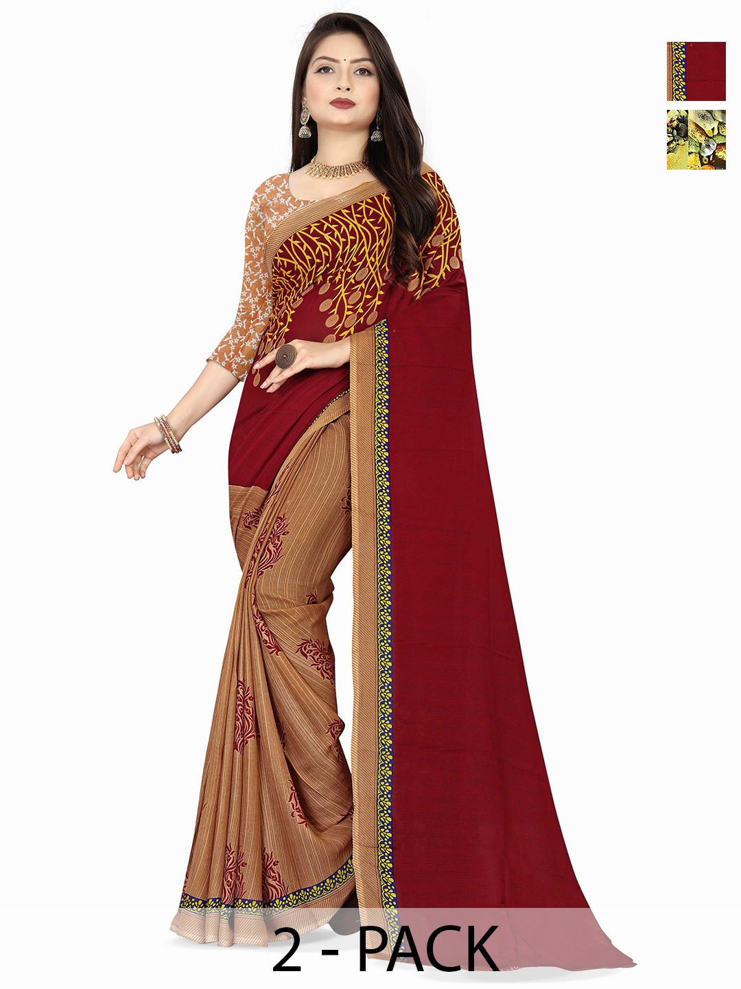 

ANAND SAREES Selection of 2 Ethnic Motifs Printed Saree, Brown