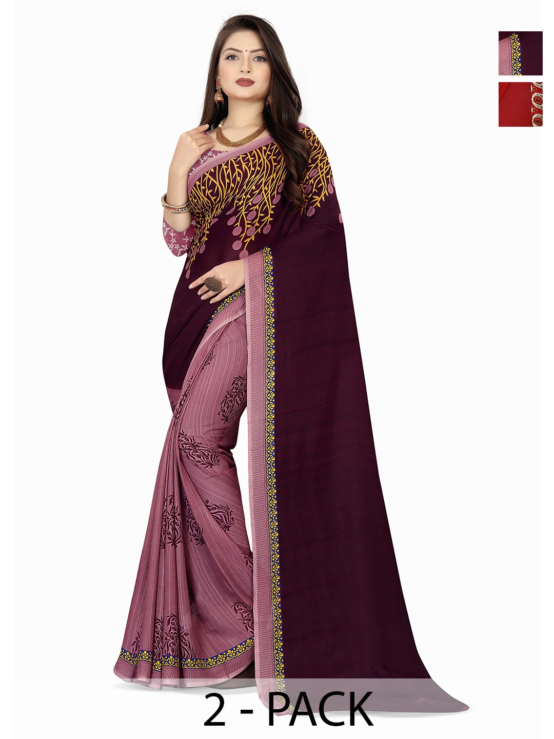 

ANAND SAREES Selection Of 2 Ethnic Motifs Printed Saree, Red