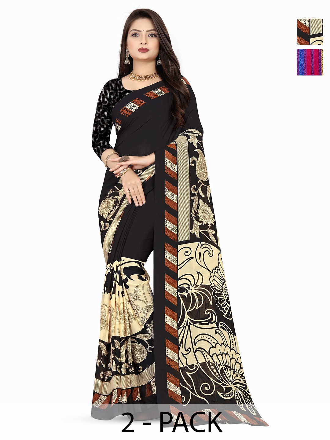 

ANAND SAREES Pack Of 2 Ethnic Motifs Saree, Pink