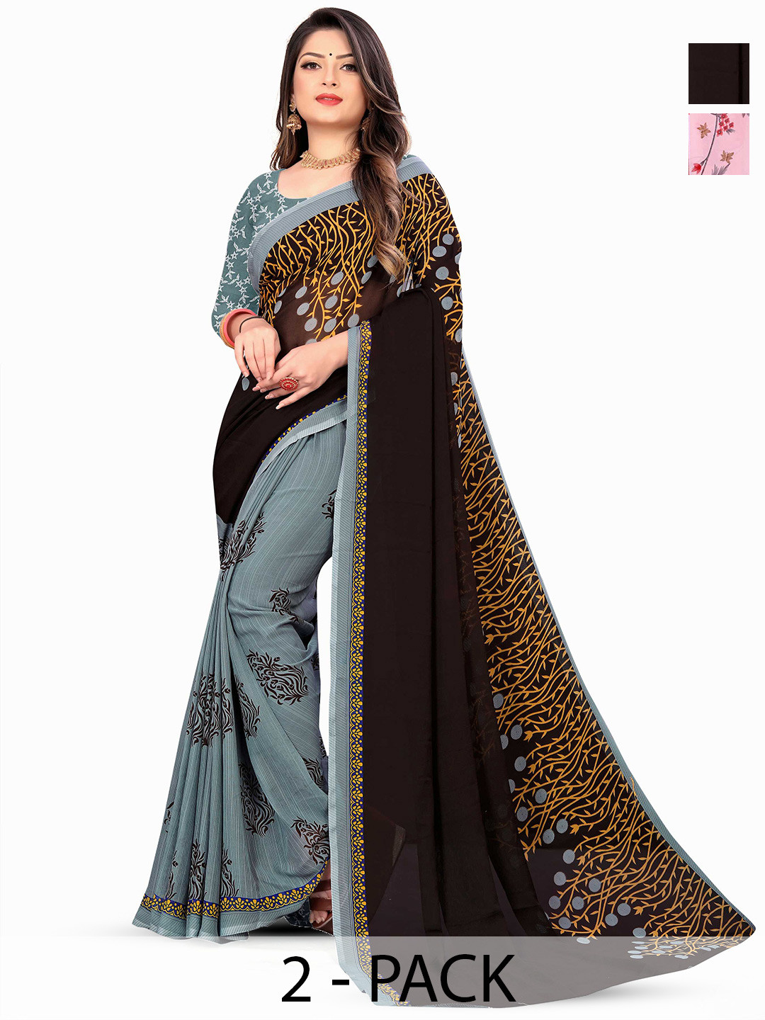 

ANAND SAREES Floral Saree Pack of 2, Grey