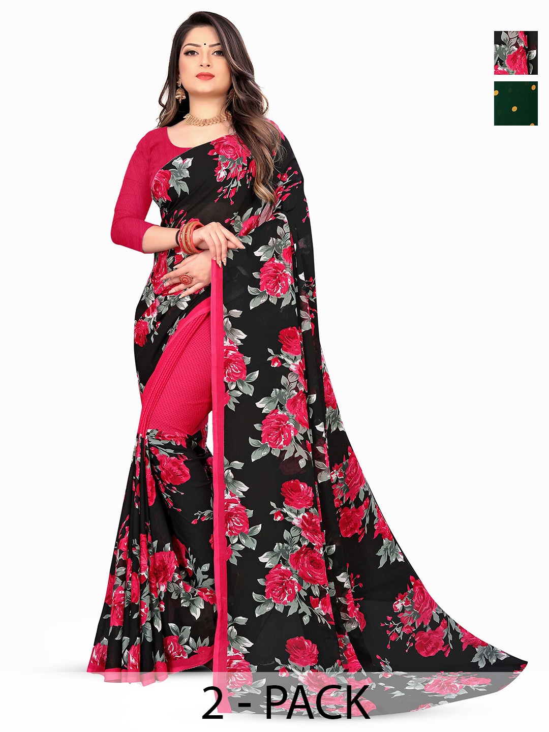 

ANAND SAREES Combo Pack of Floral Poly Georgette Half and Half Saree, Pink