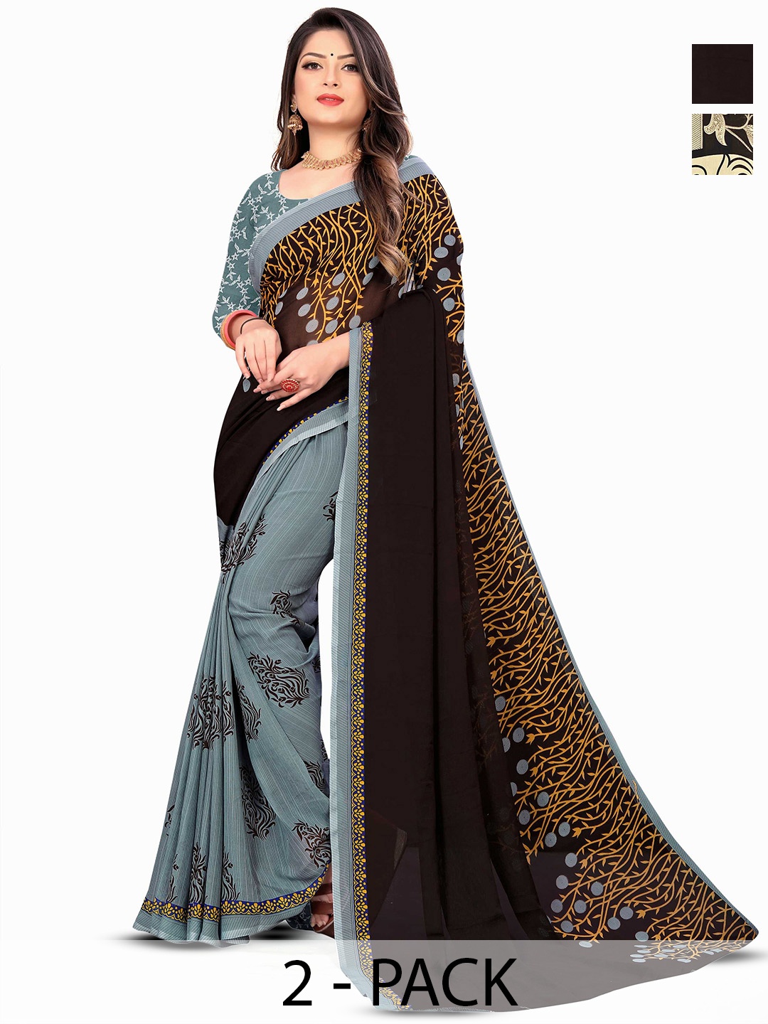 

ANAND SAREES Selection of 2 Floral Printed Saree, Black