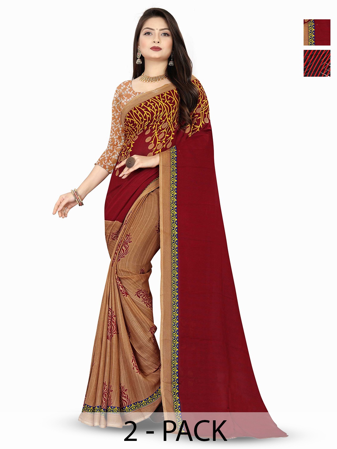 

ANAND SAREES Pack of 2 Floral Printed Half and Half Sarees, Red