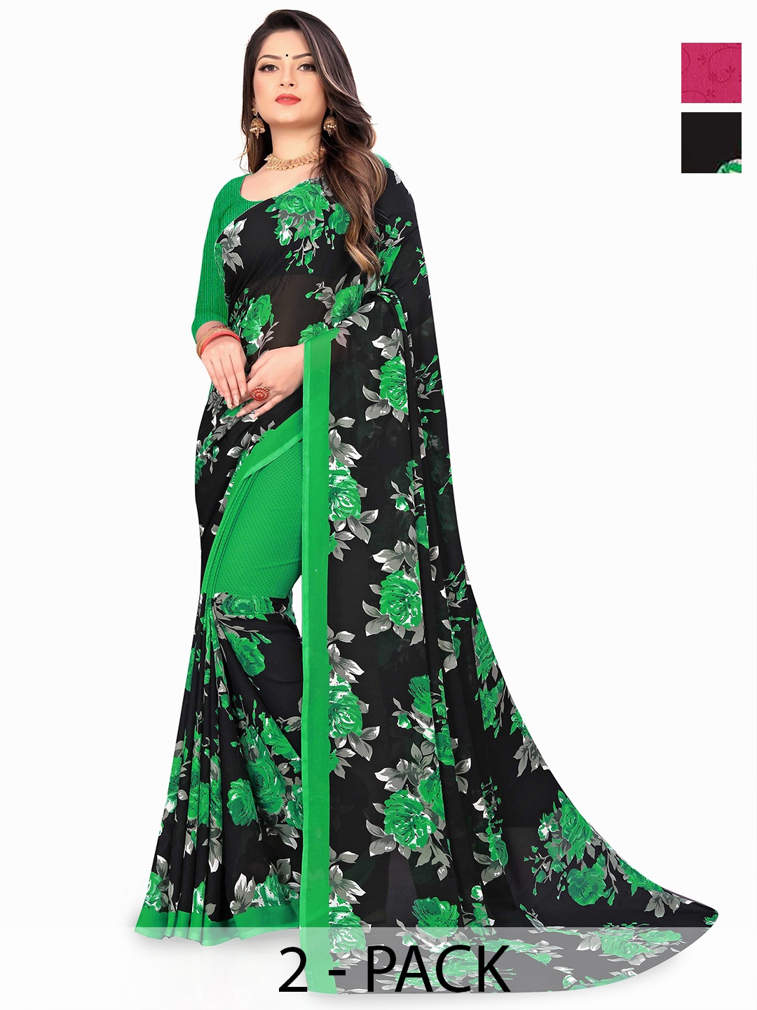 

ANAND SAREES Selection of 2 Printed Sarees, Green