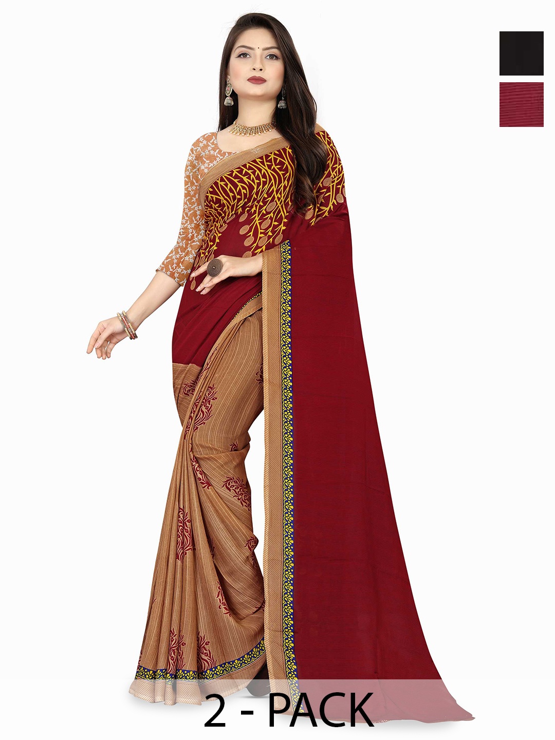 

ANAND SAREES Selection Of 2 Floral Printed Sarees, Red