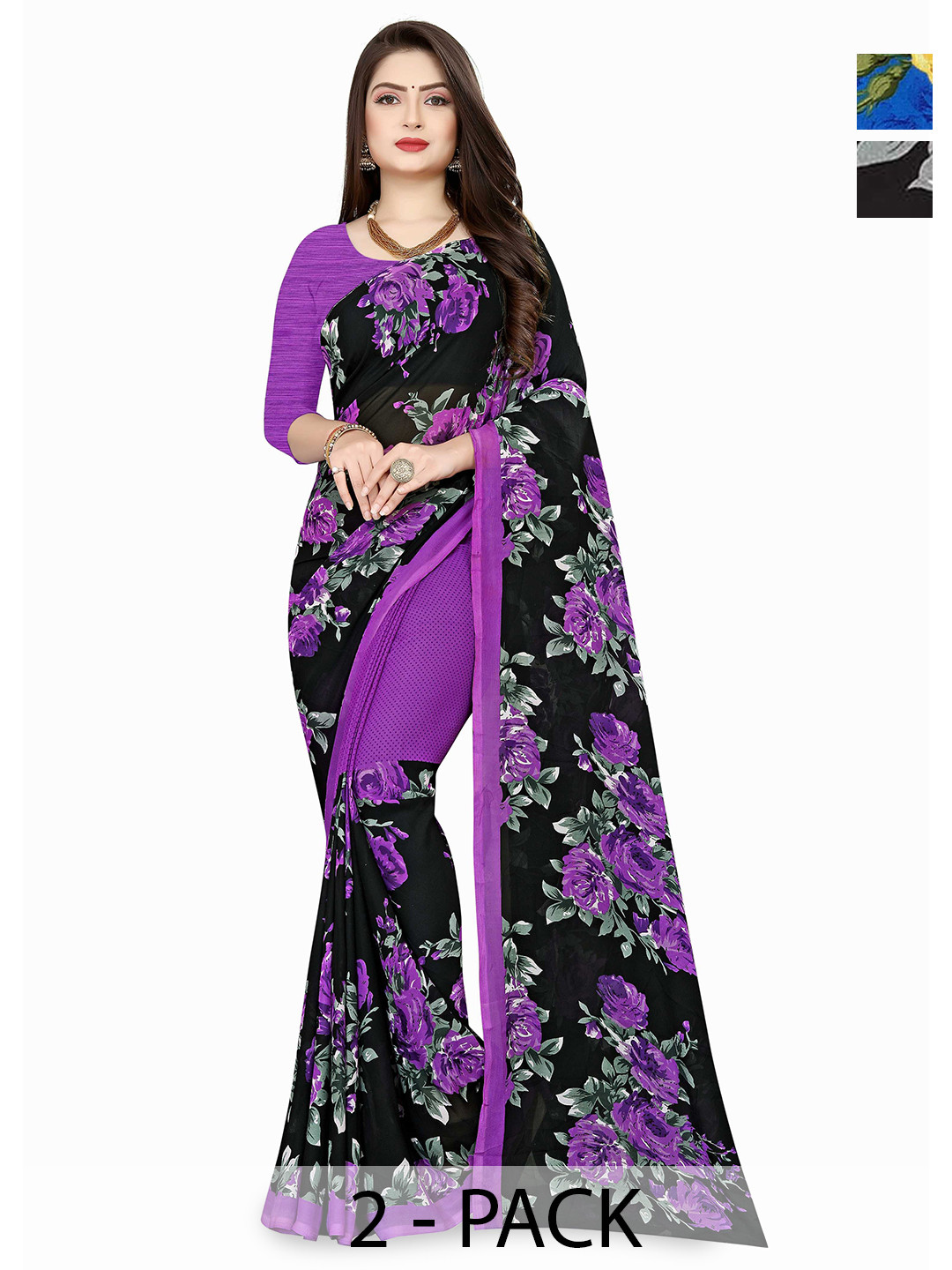 

ANAND SAREES Selection Of 2 Floral Printed Saree, Blue