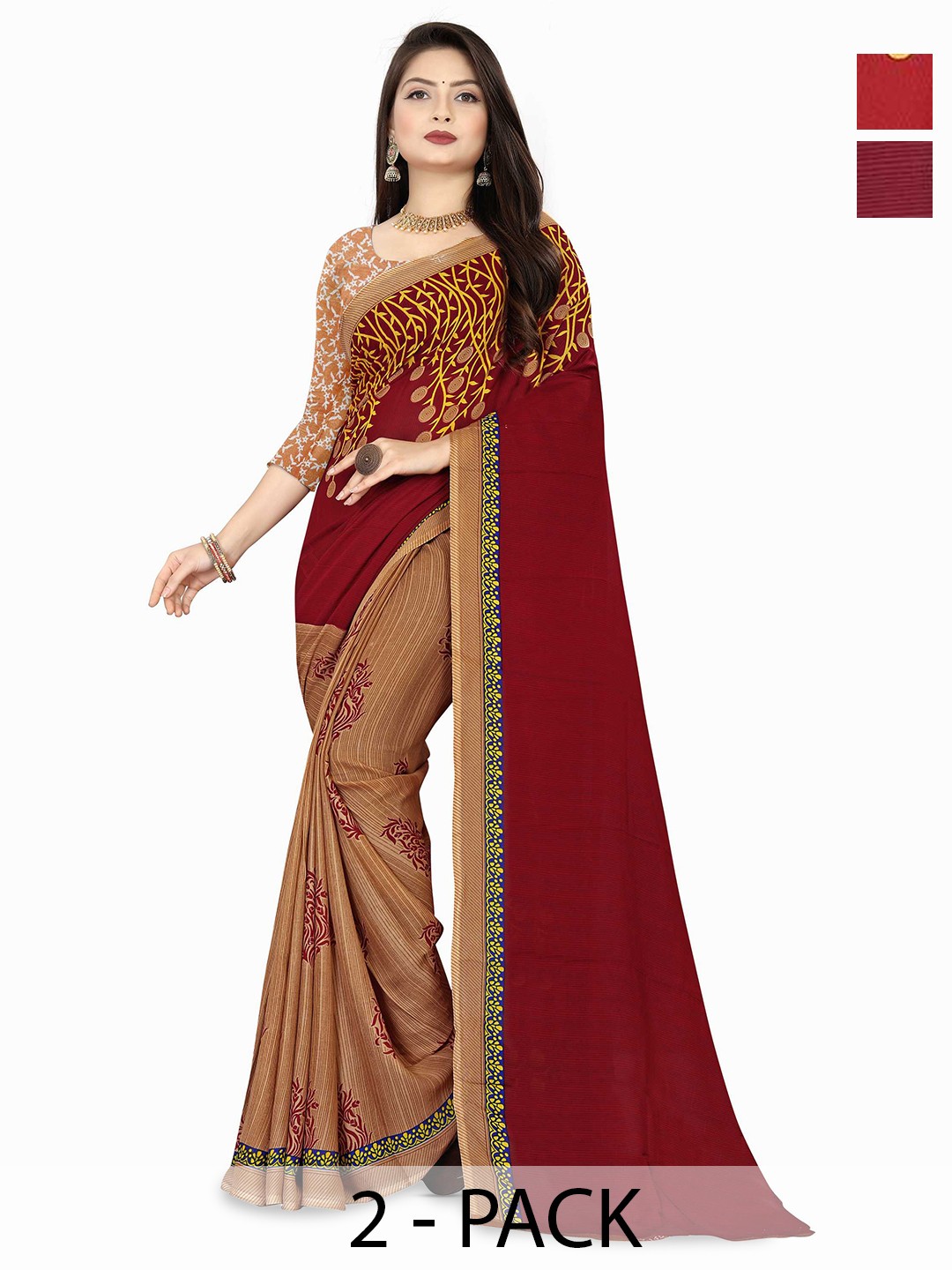 

ANAND SAREES Selection Of 2 Floral Printed Sarees, Yellow
