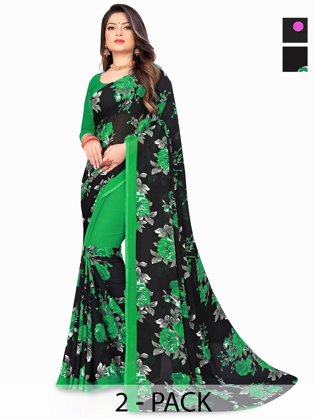 

ANAND SAREES Combo Pack of 2 Floral Poly Georgette Saree, Green