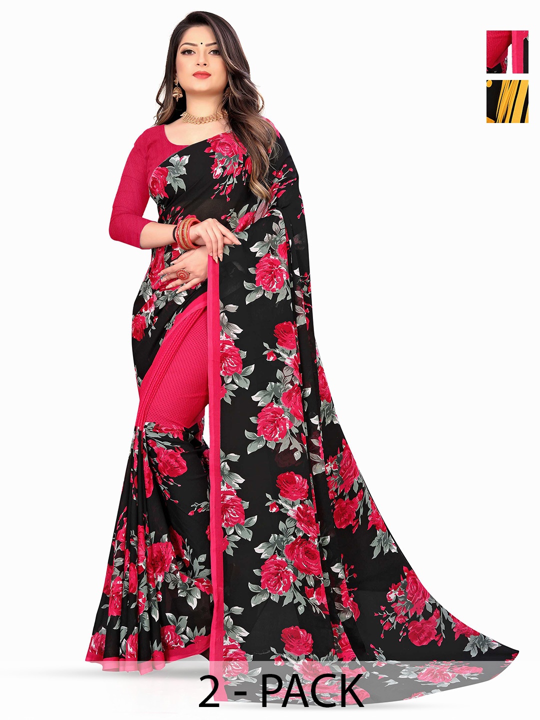 

ANAND SAREES Selection Of 2 Floral Printed Saree, Black