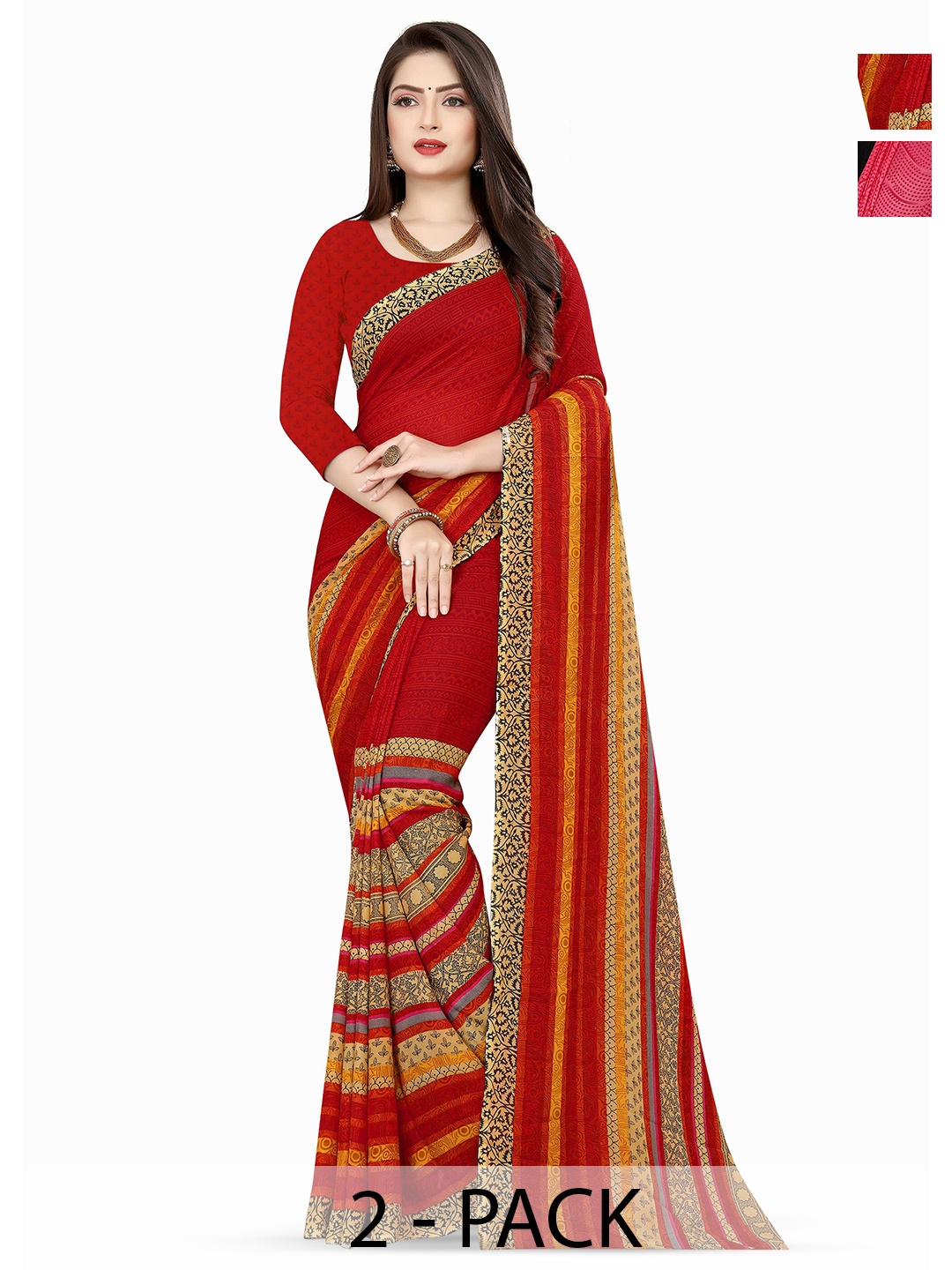 

ANAND SAREES Pack of 2 Ethnic Motifs Georgette Saree, Red