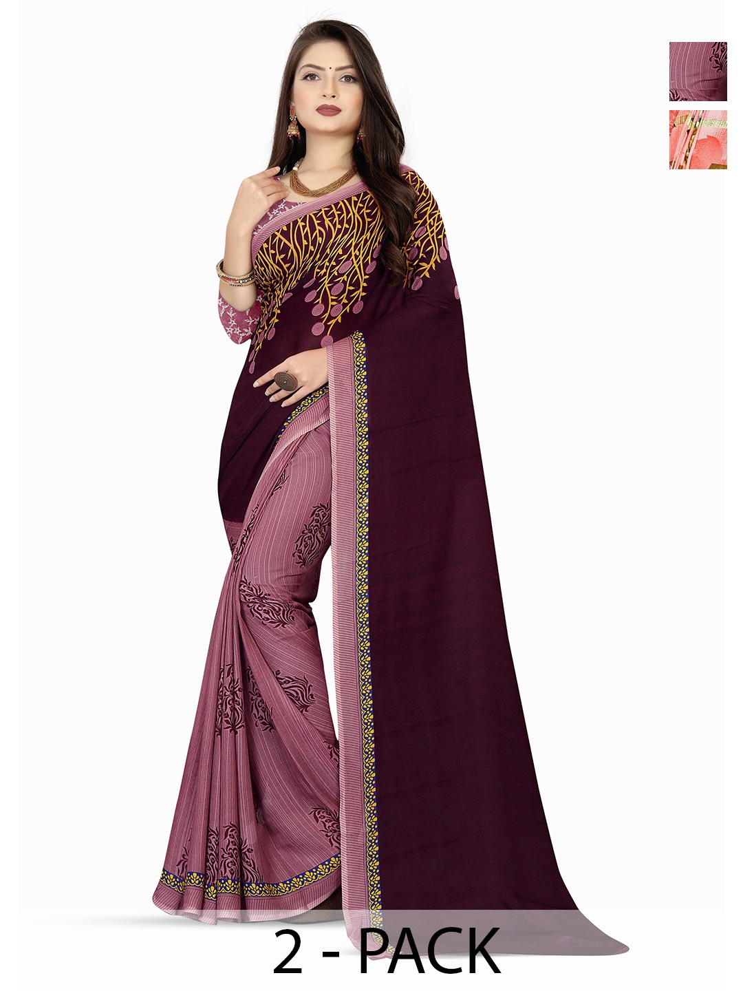 

ANAND SAREES Floral Saree Pack of 2, Brown