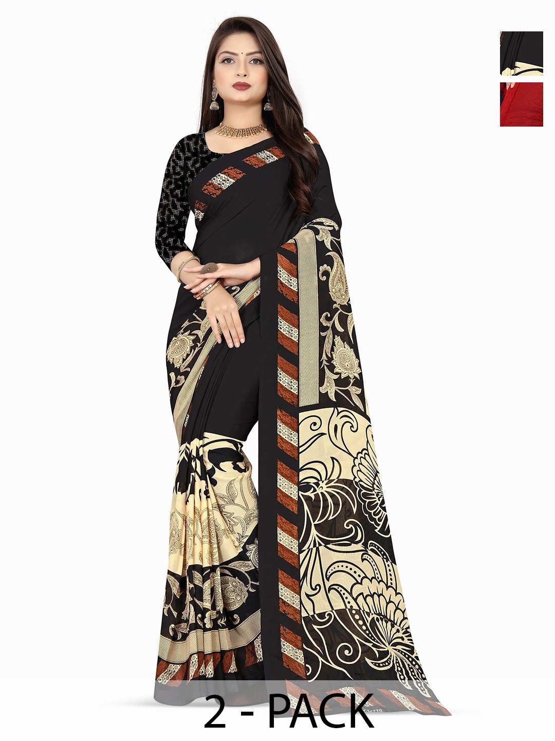 

ANAND SAREES Pack of 2 Floral Printed Sarees, Black