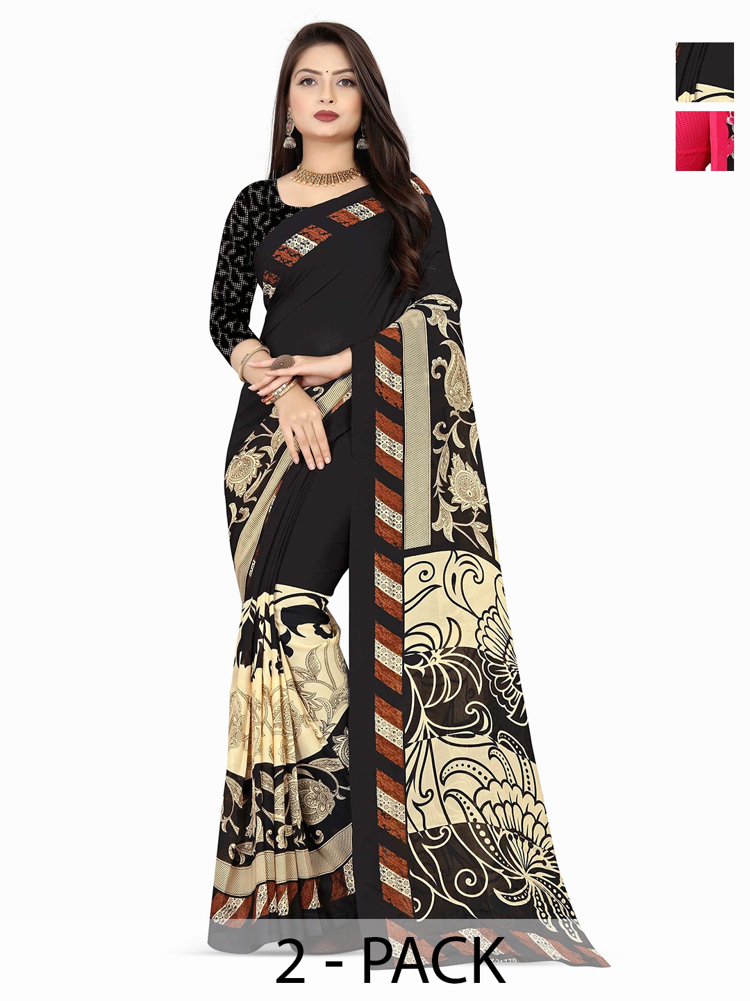 

ANAND SAREES Floral Poly Georgette Saree 2-pcs, Red