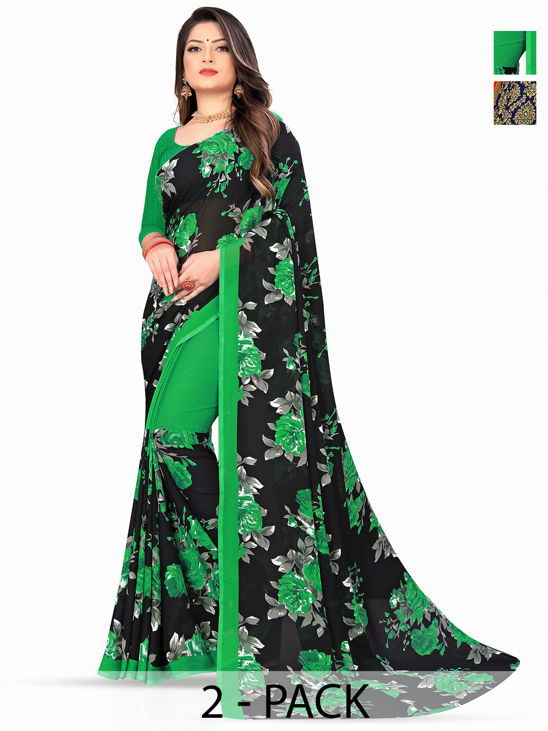 

ANAND SAREES Selection Of 2 Printed Saree, Green