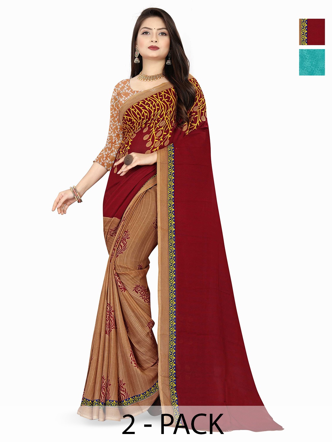 

ANAND SAREES Ethnic Motifs Poly Georgette Saree 2-pcs, Maroon